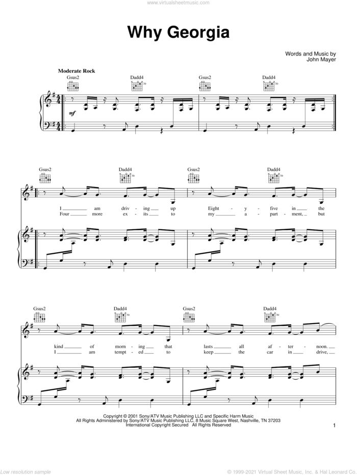 Why Georgia sheet music for voice, piano or guitar by John Mayer, intermediate skill level