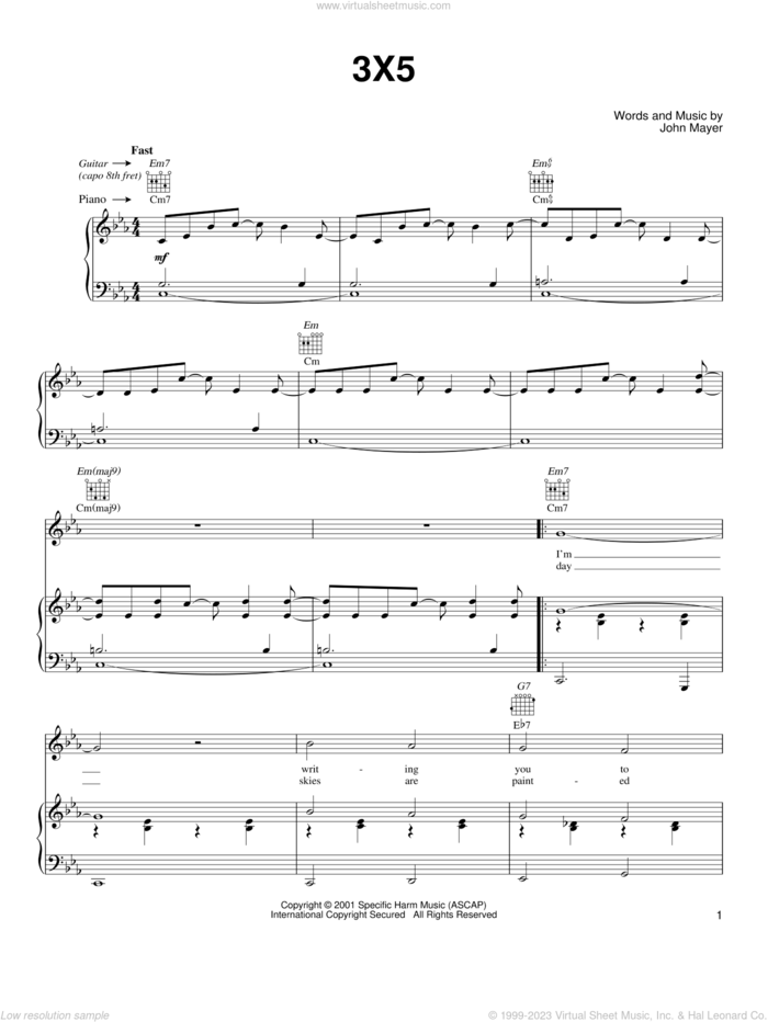 3X5 sheet music for voice, piano or guitar by John Mayer, intermediate skill level
