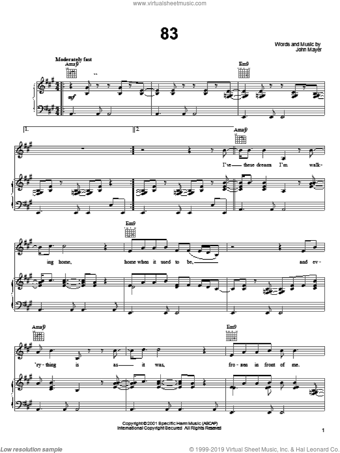 83 sheet music for voice, piano or guitar by John Mayer, intermediate skill level