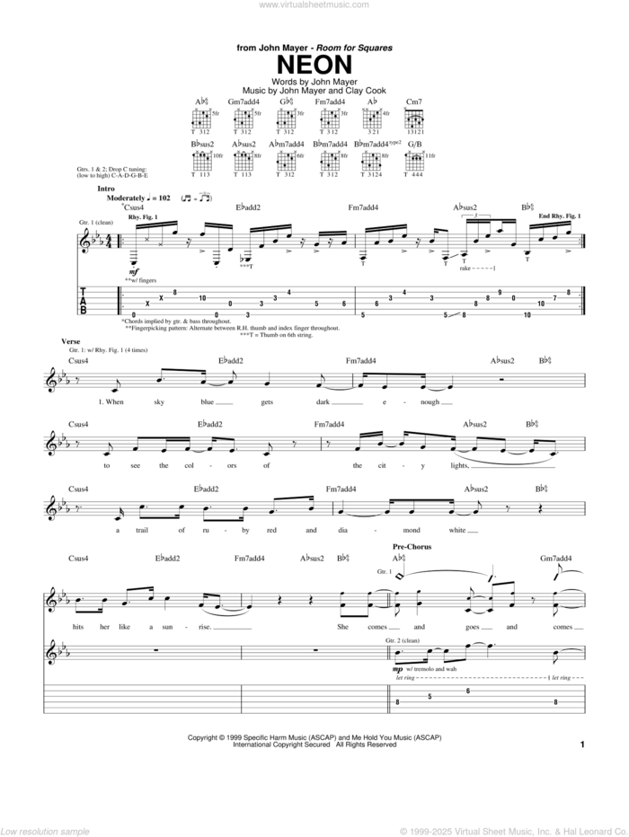 Neon sheet music for guitar (tablature) by John Mayer and Clay Cook, intermediate skill level