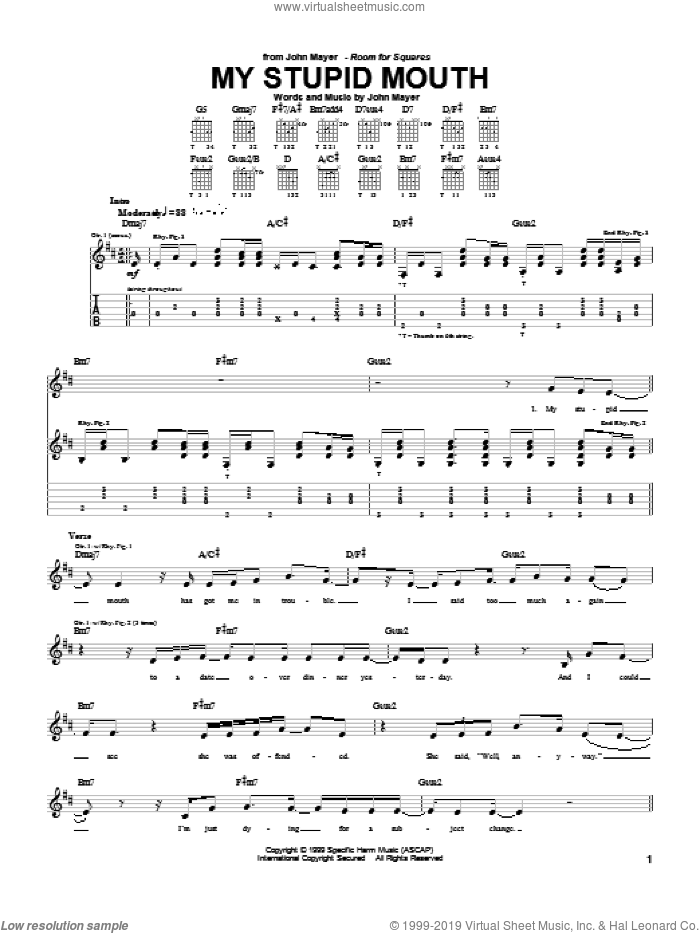 My Stupid Mouth sheet music for guitar (tablature) by John Mayer, intermediate skill level