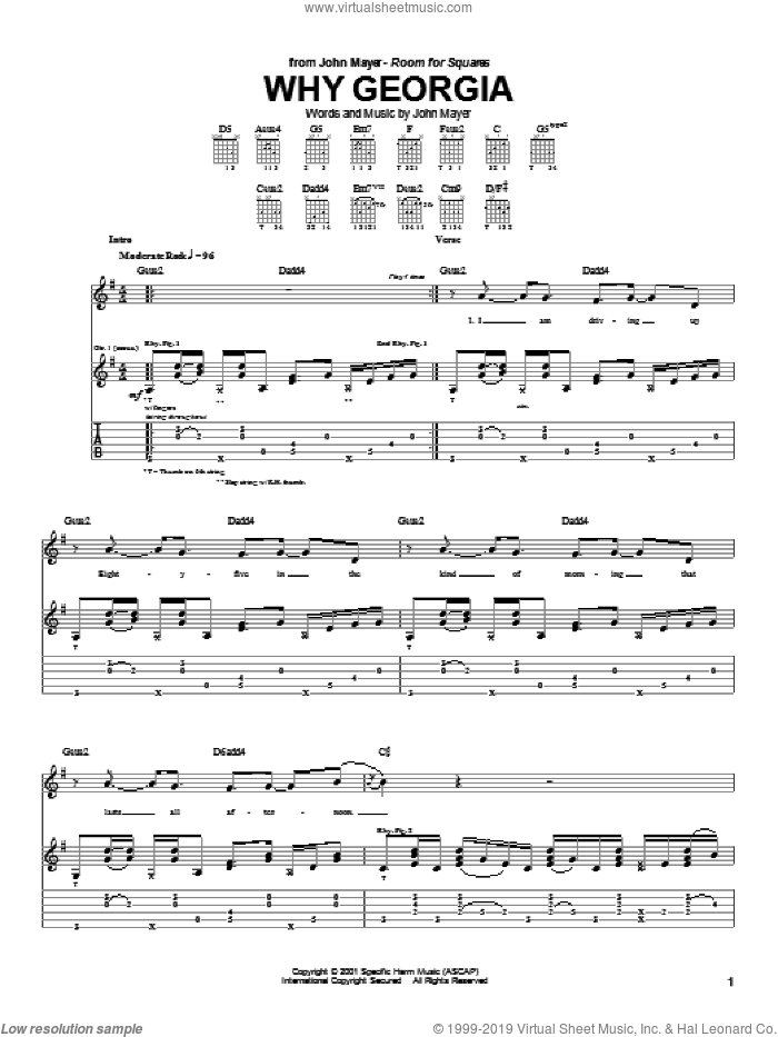 Why Georgia sheet music for guitar (tablature) by John Mayer, intermediate skill level