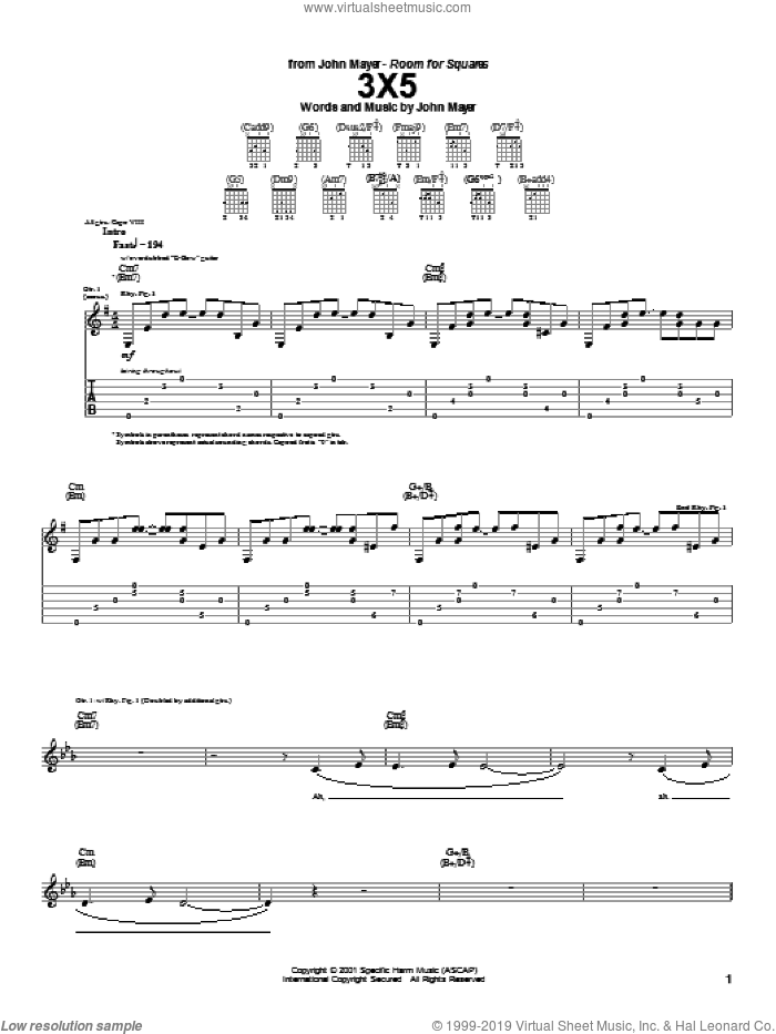 3X5 sheet music for guitar (tablature) by John Mayer, intermediate skill level