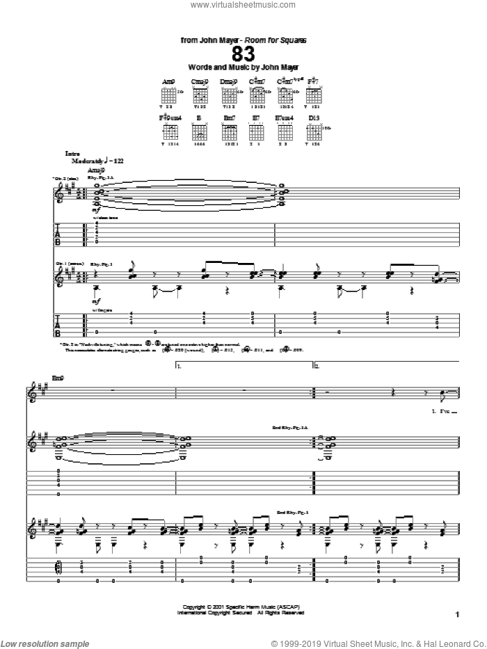 83 sheet music for guitar (tablature) by John Mayer, intermediate skill level