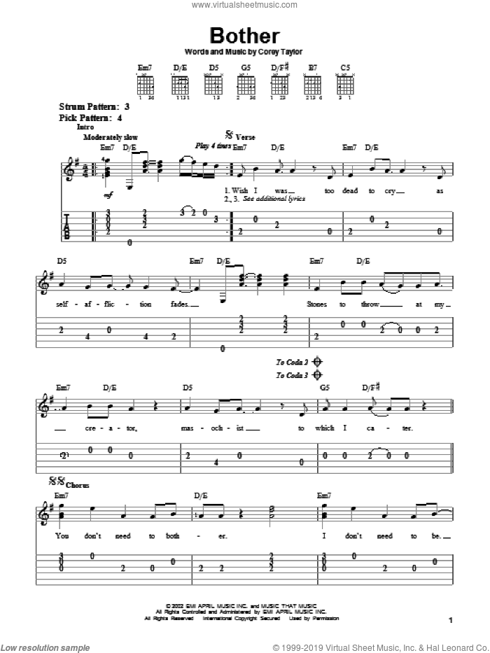Bother sheet music for guitar solo (easy tablature) by Stone Sour and Corey Taylor, easy guitar (easy tablature)