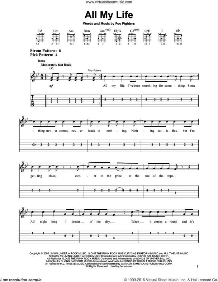 All My Life sheet music for guitar solo (easy tablature) by Foo Fighters, easy guitar (easy tablature)