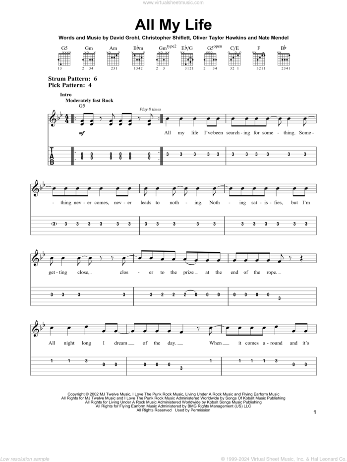 All My Life sheet music for guitar solo (easy tablature) by Foo Fighters, easy guitar (easy tablature)