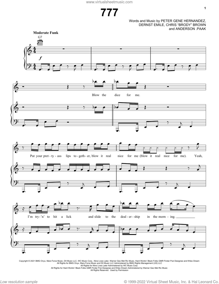 777 sheet music for voice, piano or guitar by Silk Sonic, Bruno Mars, Anderson .Paak, Chris 'Brody' Brown, Dernst Emile and Peter Gene Hernandez, intermediate skill level