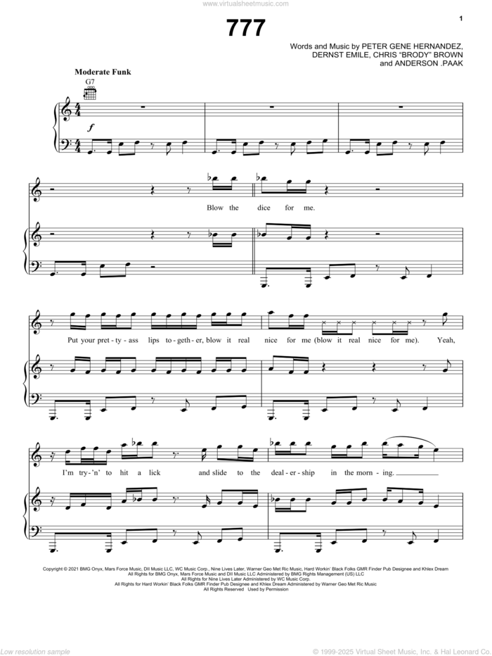 777 sheet music for voice, piano or guitar by Silk Sonic, Bruno Mars, Anderson .Paak, Chris 'Brody' Brown, Dernst Emile and Peter Gene Hernandez, intermediate skill level