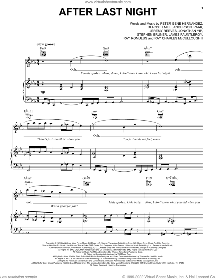 After Last Night sheet music for voice, piano or guitar by Silk Sonic, Bruno Mars, Anderson .Paak, Dernst Emile, James Fauntleroy, Jeremy Reeves, Jonathan Yip, Peter Gene Hernandez, Ray Charles McCullough II, Ray Romulus and Stephen Bruner, intermediate skill level