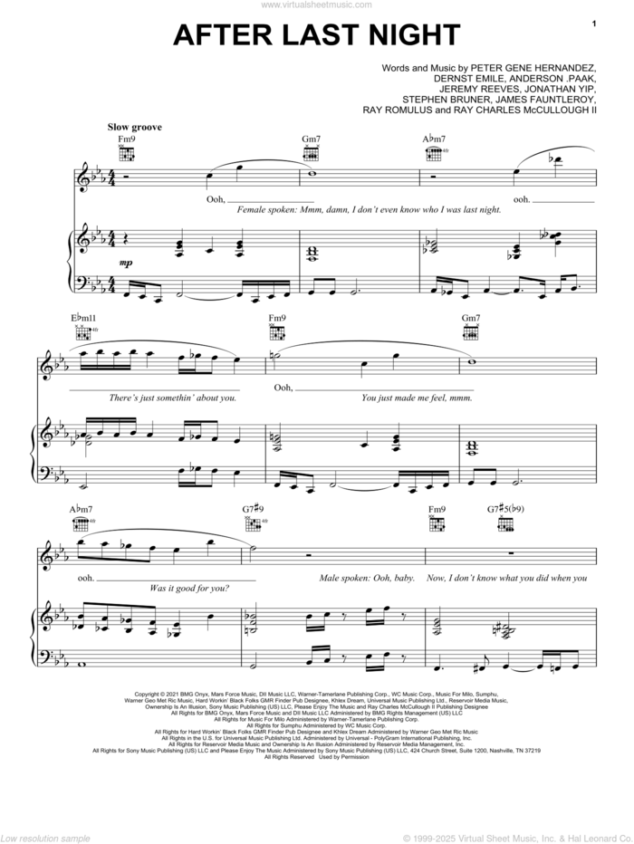 After Last Night sheet music for voice, piano or guitar by Silk Sonic, Bruno Mars, Anderson .Paak, Dernst Emile, James Fauntleroy, Jeremy Reeves, Jonathan Yip, Peter Gene Hernandez, Ray Charles McCullough II, Ray Romulus and Stephen Bruner, intermediate skill level