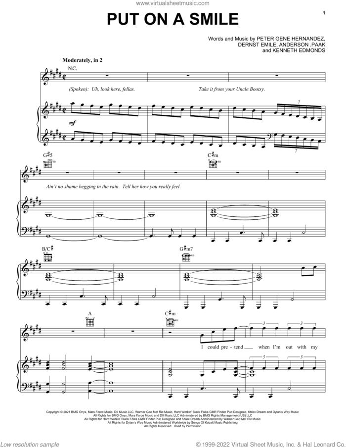 Put On A Smile sheet music for voice, piano or guitar by Silk Sonic, Bruno Mars, Anderson .Paak, Dernst Emile, Kenneth Edmonds and Peter Gene Hernandez, intermediate skill level