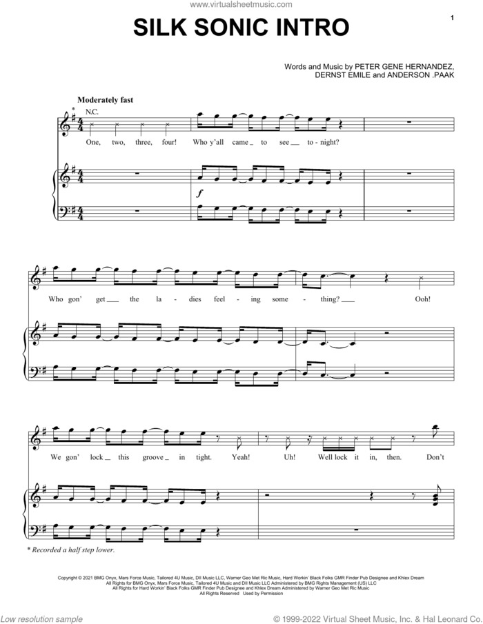 Silk Sonic Intro sheet music for voice, piano or guitar by Silk Sonic, Anderson .Paak, Bruno Mars and Dernst Emile, intermediate skill level