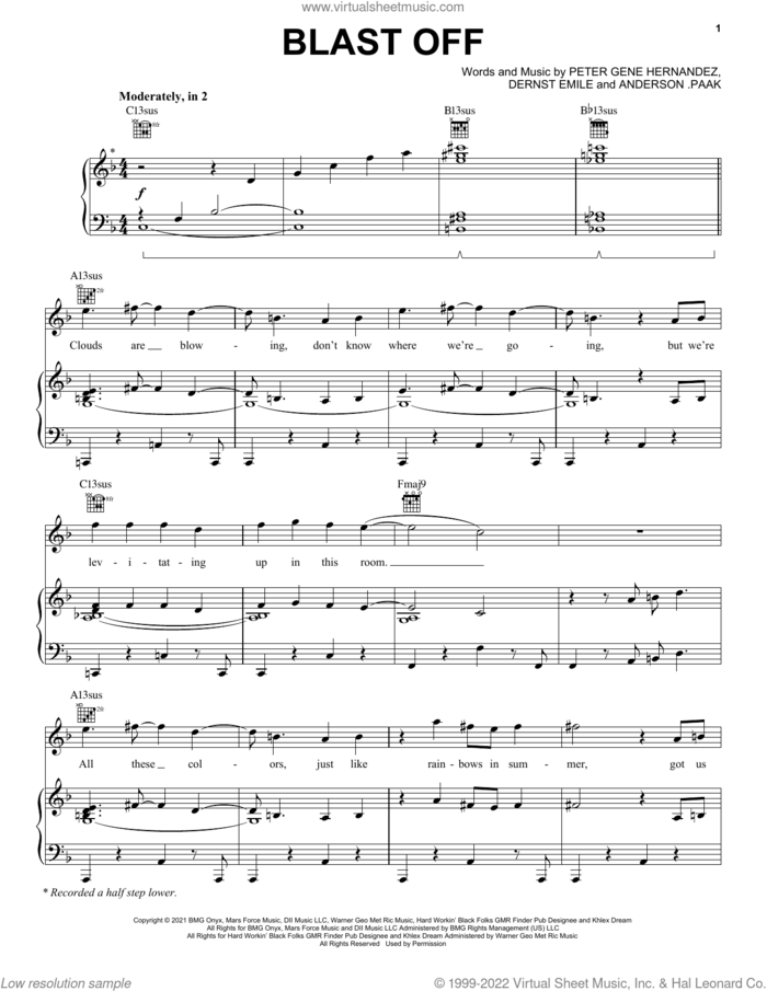 Blast Off sheet music for voice, piano or guitar by Silk Sonic, Anderson .Paak, Bruno Mars and Dernst Emile, intermediate skill level