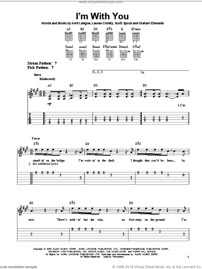 I'm With You sheet music for guitar solo (easy tablature) by Avril Lavigne, Lauren Christy and Scott Spock, easy guitar (easy tablature)