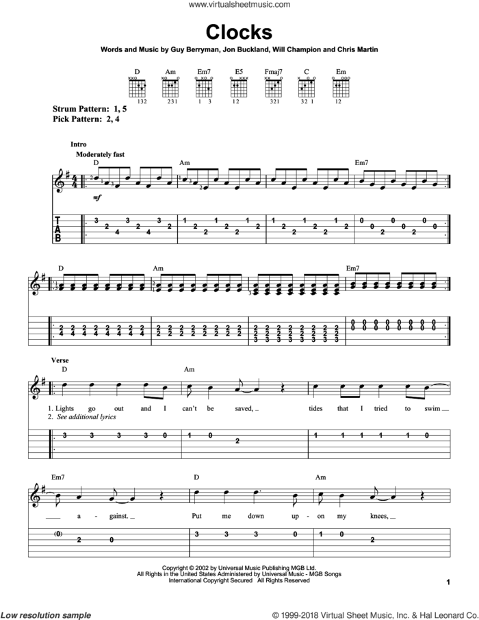 Clocks, (easy) sheet music for guitar solo (easy tablature) by Coldplay, Guy Berryman, Jon Buckland and Will Champion, easy guitar (easy tablature)