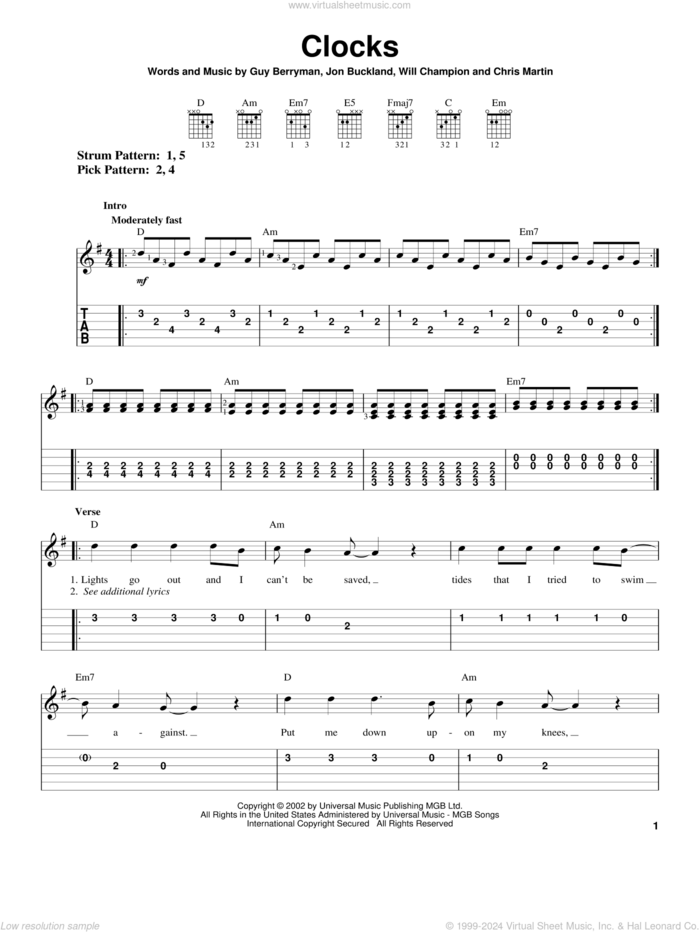 Clocks, (easy) sheet music for guitar solo (easy tablature) by Coldplay, Guy Berryman, Jon Buckland and Will Champion, easy guitar (easy tablature)