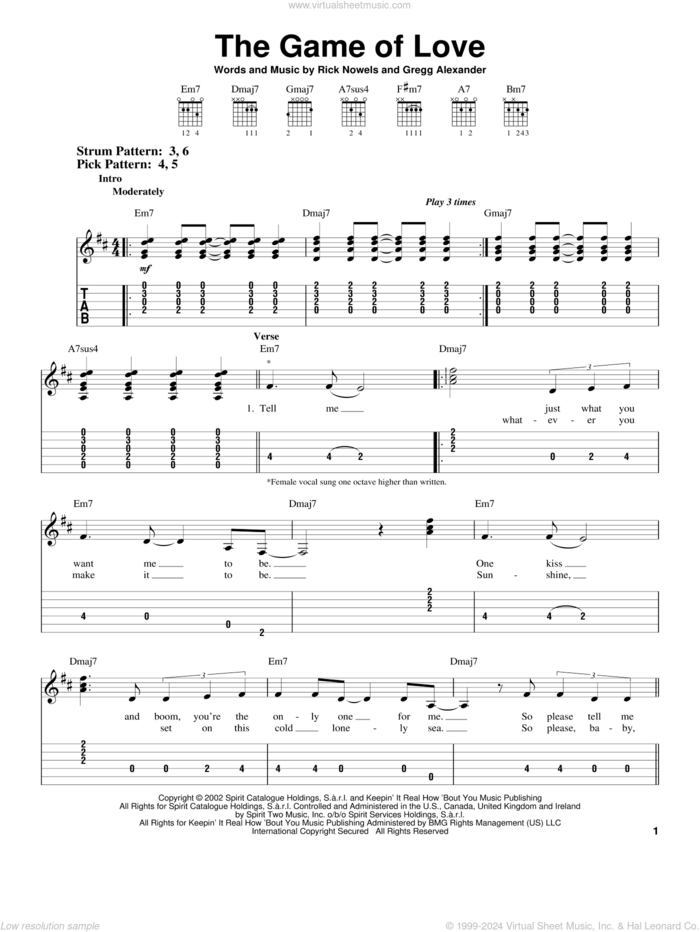 The Game Of Love sheet music for guitar solo (easy tablature) by Gregg Alexander, Carlos Santana, Michelle Branch and Rick Nowels, easy guitar (easy tablature)