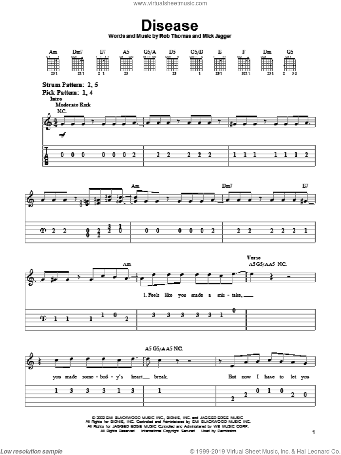 Disease sheet music for guitar solo (easy tablature) by Matchbox Twenty, Matchbox 20, Mick Jagger and Rob Thomas, easy guitar (easy tablature)