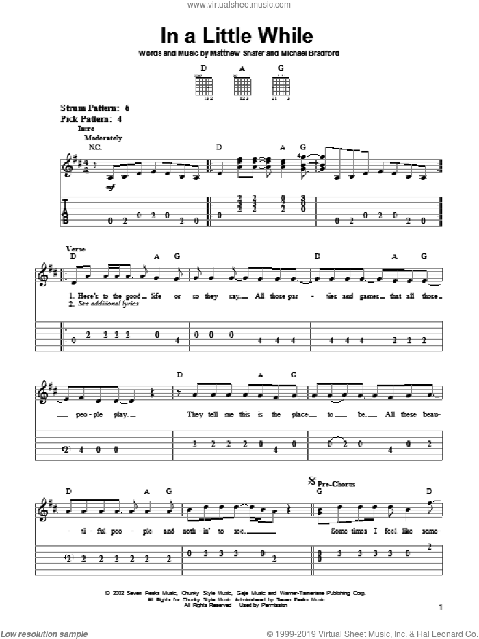 In A Little While sheet music for guitar solo (easy tablature) by Uncle Kracker, Matthew Shafer and Michael Bradford, easy guitar (easy tablature)