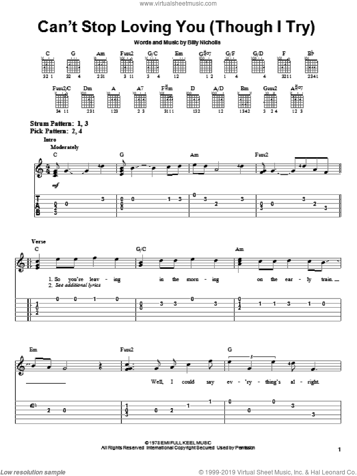 Can't Stop Loving You (Though I Try) sheet music for guitar solo (easy tablature) by Phil Collins, Keith Urban, Leo Sayer and Billy Nicholls, easy guitar (easy tablature)