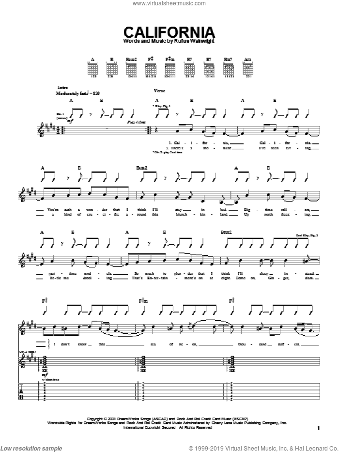 California sheet music for guitar (tablature) by Rufus Wainwright, intermediate skill level