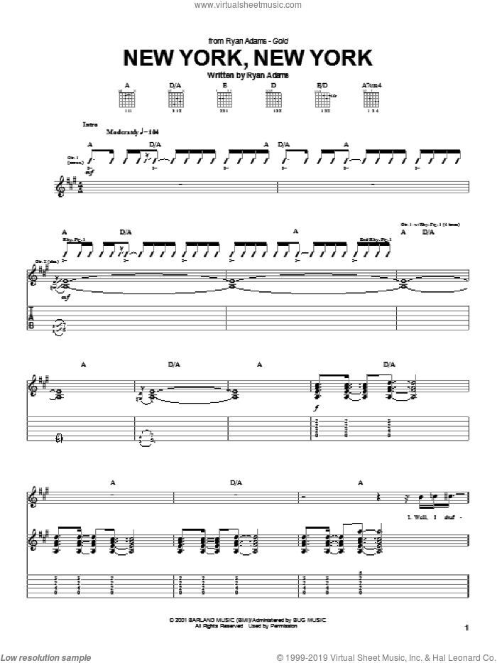 New York, New York sheet music for guitar (tablature) by Ryan Adams, intermediate skill level
