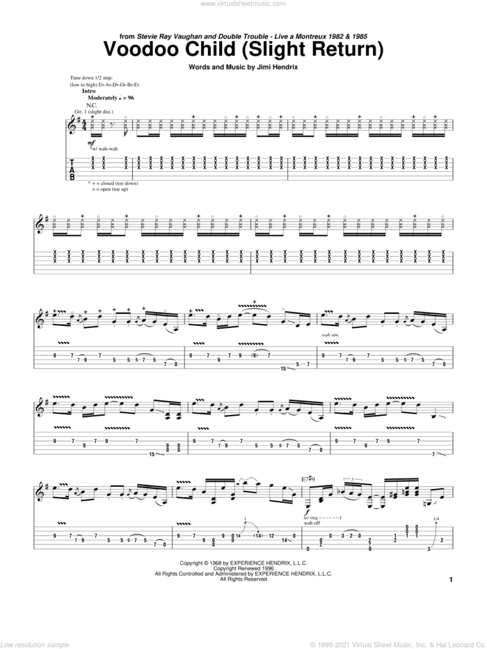 Voodoo Child (Slight Return) sheet music for guitar (tablature) by Stevie Ray Vaughan and Jimi Hendrix, intermediate skill level