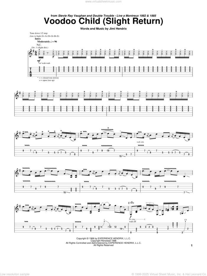 Voodoo Child (Slight Return) sheet music for guitar (tablature) by Stevie Ray Vaughan and Jimi Hendrix, intermediate skill level