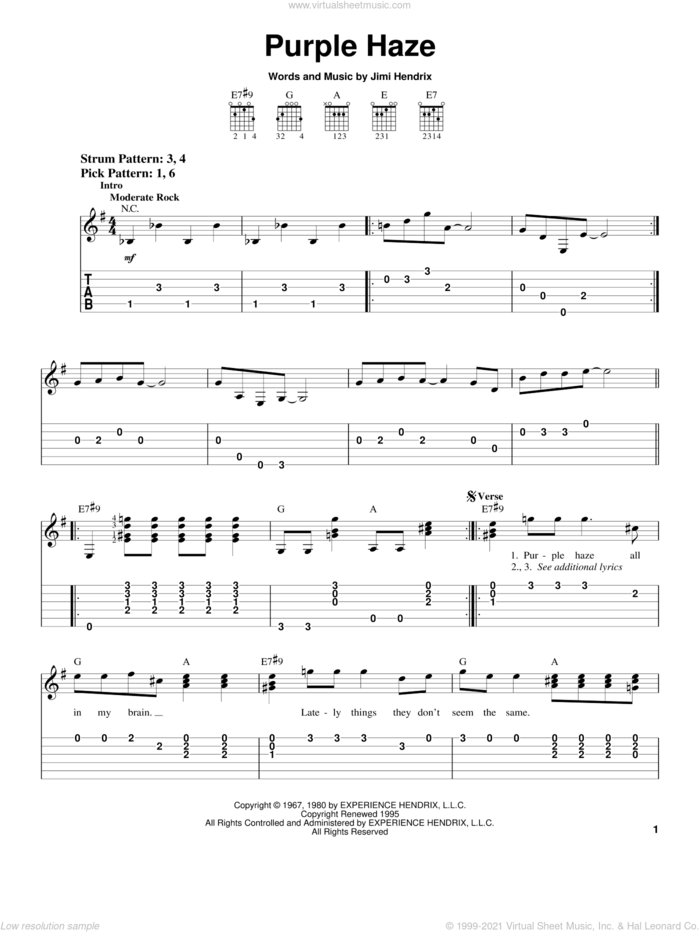 Hendrix Purple Haze Sheet Music For Guitar Solo Easy Tablature