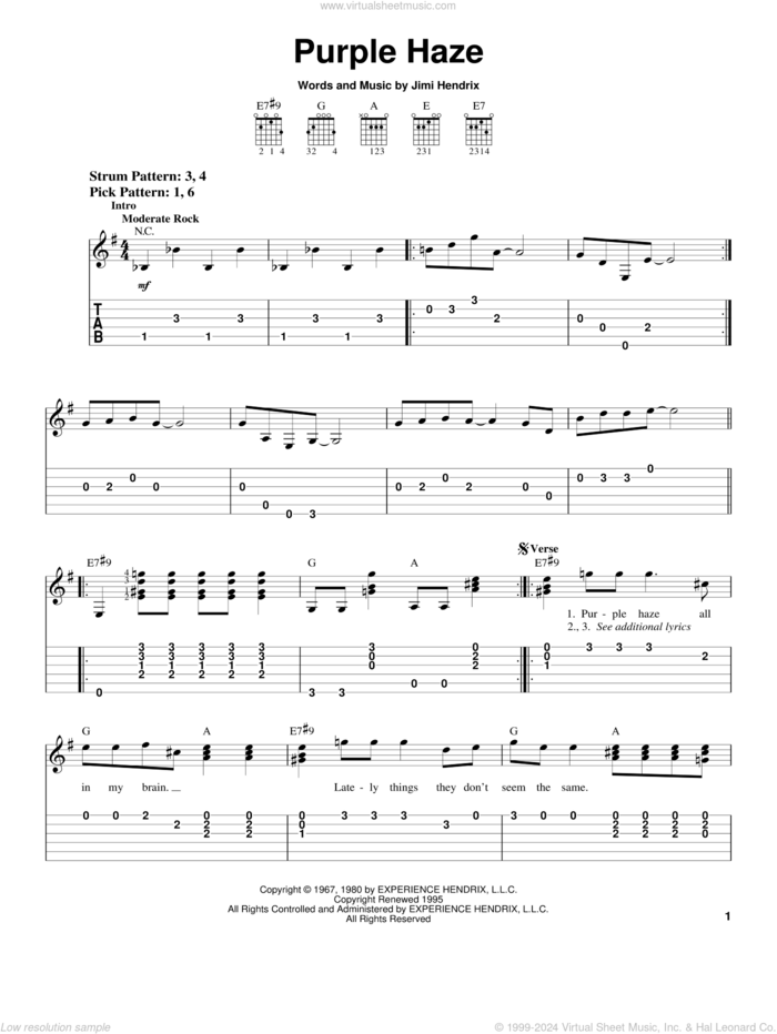 Purple Haze sheet music for guitar solo (easy tablature) by Jimi Hendrix and Winger, easy guitar (easy tablature)