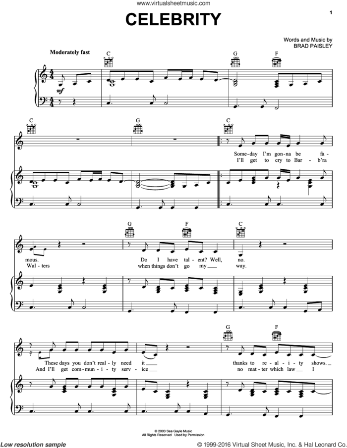 Celebrity sheet music for voice, piano or guitar by Brad Paisley, intermediate skill level