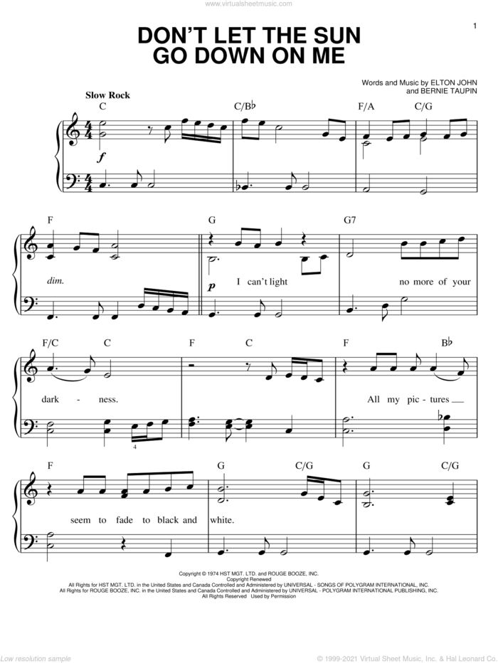 Don't Let The Sun Go Down On Me sheet music for piano solo by Elton John, George Michael and Bernie Taupin, easy skill level