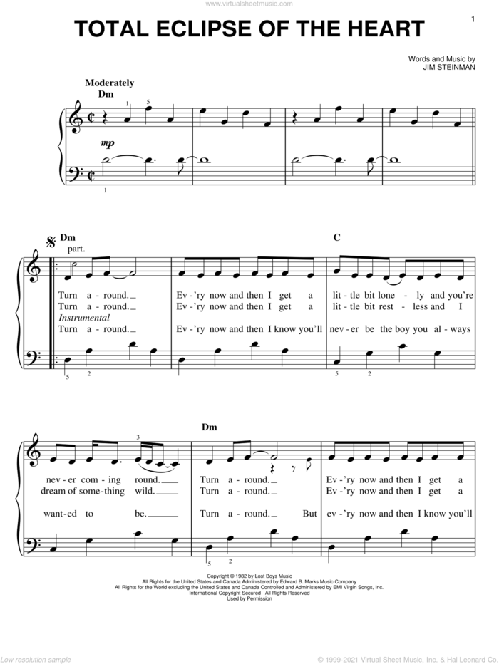Total Eclipse Of The Heart, (easy) sheet music for piano solo by Bonnie Tyler, Miscellaneous, Nicki French and Jim Steinman, easy skill level