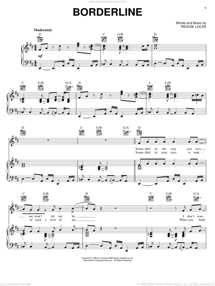 Borderline sheet music for voice, piano or guitar by Madonna and Reggie Lucas, intermediate skill level