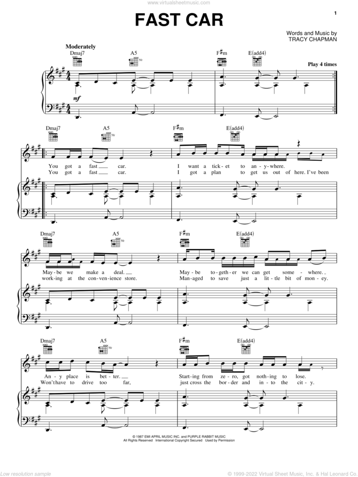 Fast Car sheet music for voice, piano or guitar by Tracy Chapman, intermediate skill level