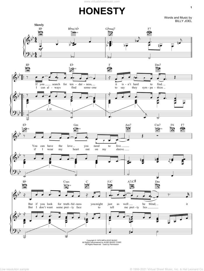 Honesty sheet music for voice, piano or guitar by Billy Joel, intermediate skill level