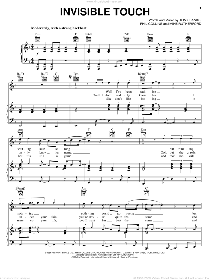 Invisible Touch sheet music for voice, piano or guitar by Genesis, Mike Rutherford, Phil Collins and Tony Banks, intermediate skill level