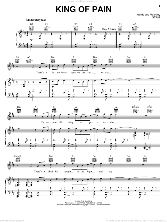 King Of Pain sheet music for voice, piano or guitar by The Police and Sting, intermediate skill level