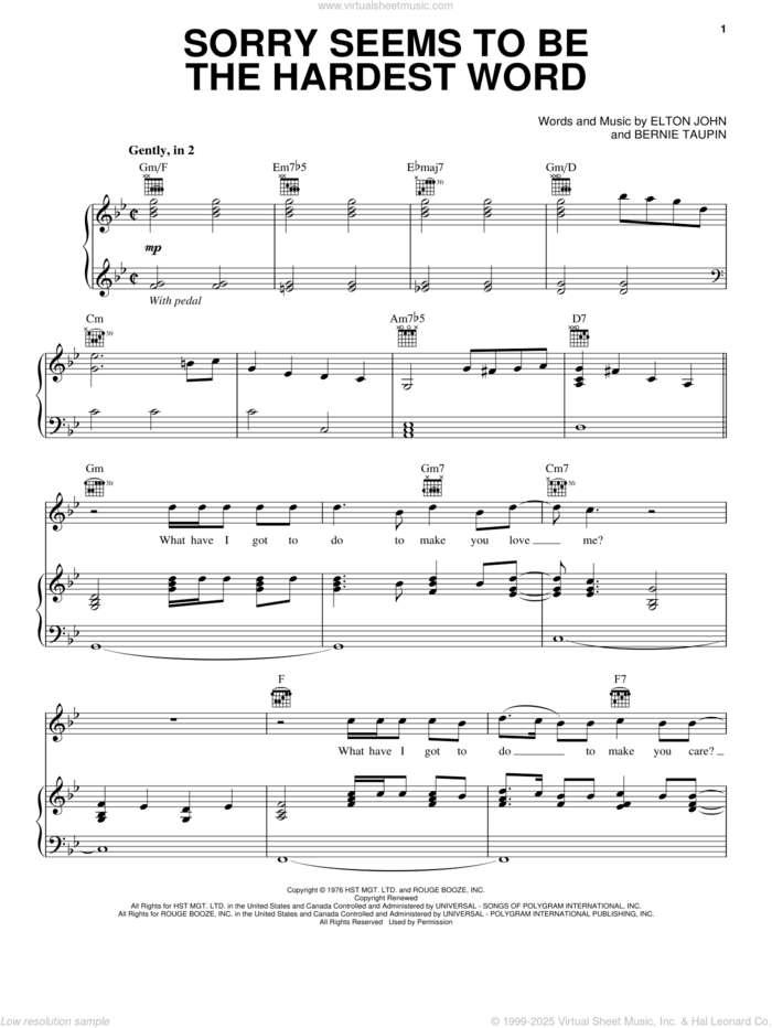 Sorry Seems To Be The Hardest Word sheet music for voice, piano or guitar by Elton John and Bernie Taupin, intermediate skill level