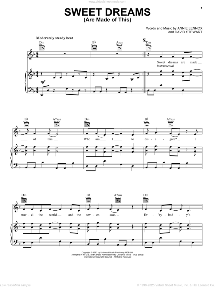 Sweet Dreams (Are Made Of This) sheet music for voice, piano or guitar by Eurythmics, Annie Lennox and Dave Stewart, intermediate skill level