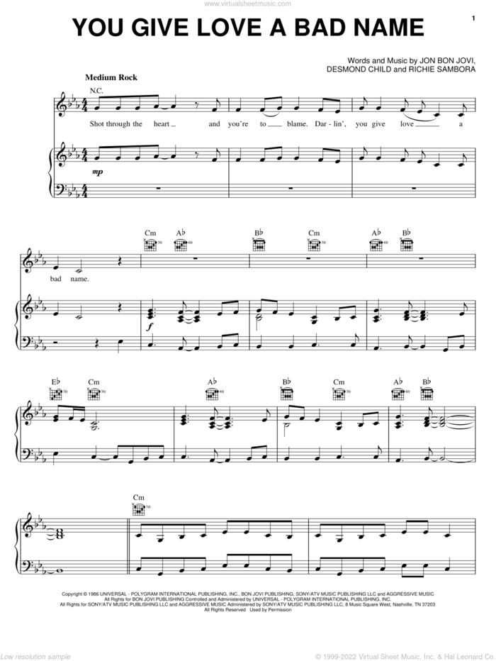 You Give Love A Bad Name sheet music for voice, piano or guitar by Bon Jovi, Desmond Child and Richie Sambora, intermediate skill level
