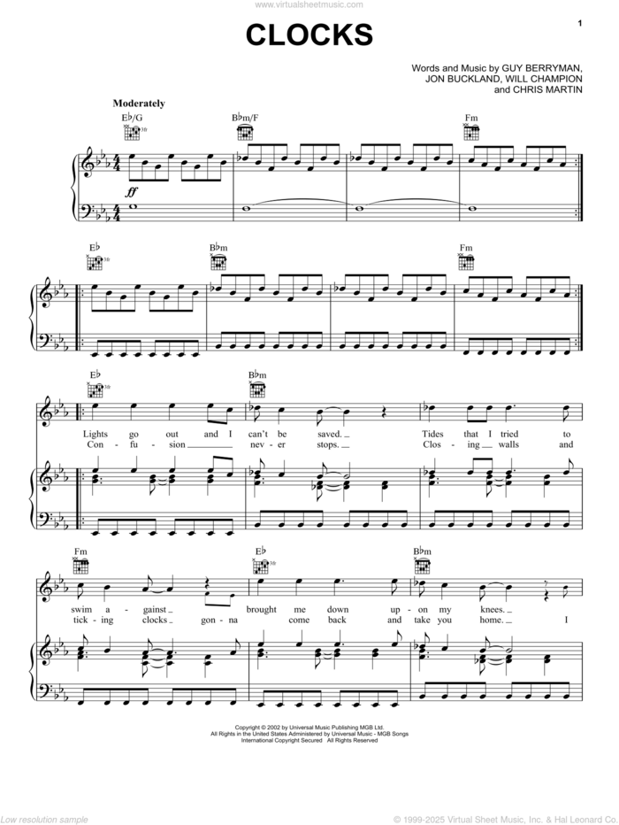 Clocks sheet music for voice, piano or guitar by Coldplay, Guy Berryman, Jon Buckland and Will Champion, intermediate skill level