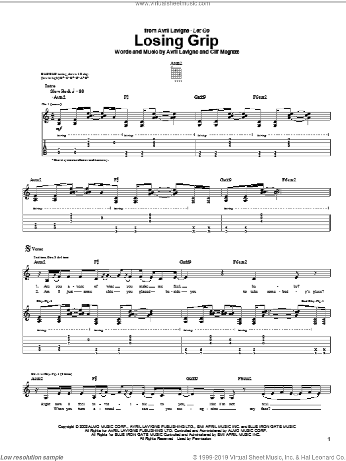 Losing Grip sheet music for guitar (tablature) by Avril Lavigne and Clif Magness, intermediate skill level