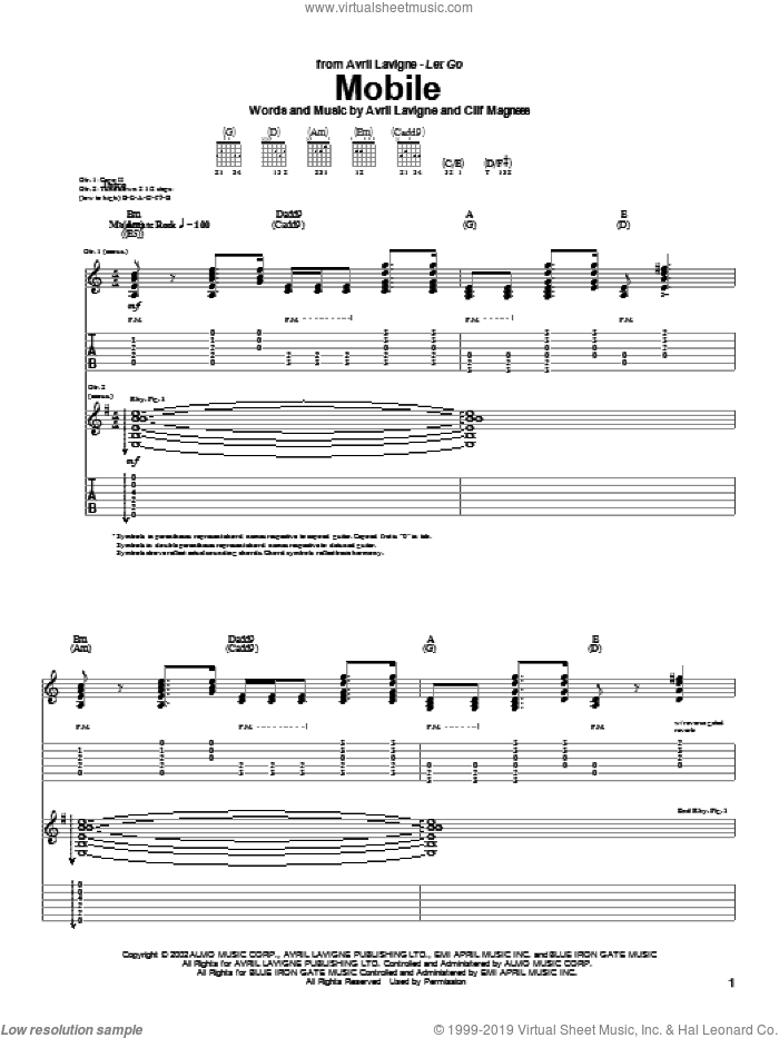 Mobile sheet music for guitar (tablature) by Avril Lavigne and Clif Magness, intermediate skill level