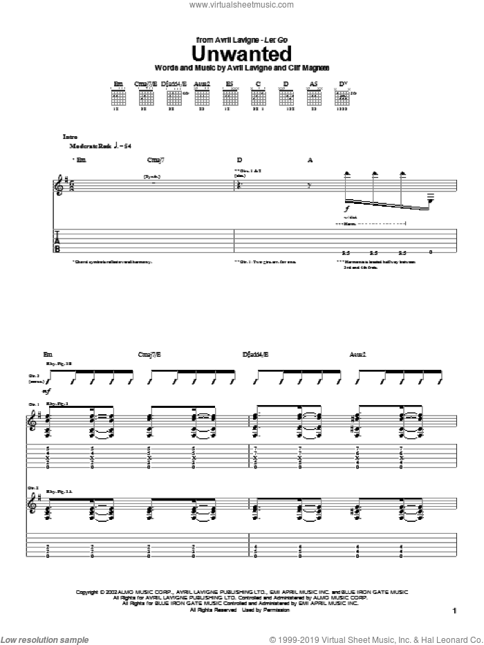 Unwanted sheet music for guitar (tablature) by Avril Lavigne and Clif Magness, intermediate skill level