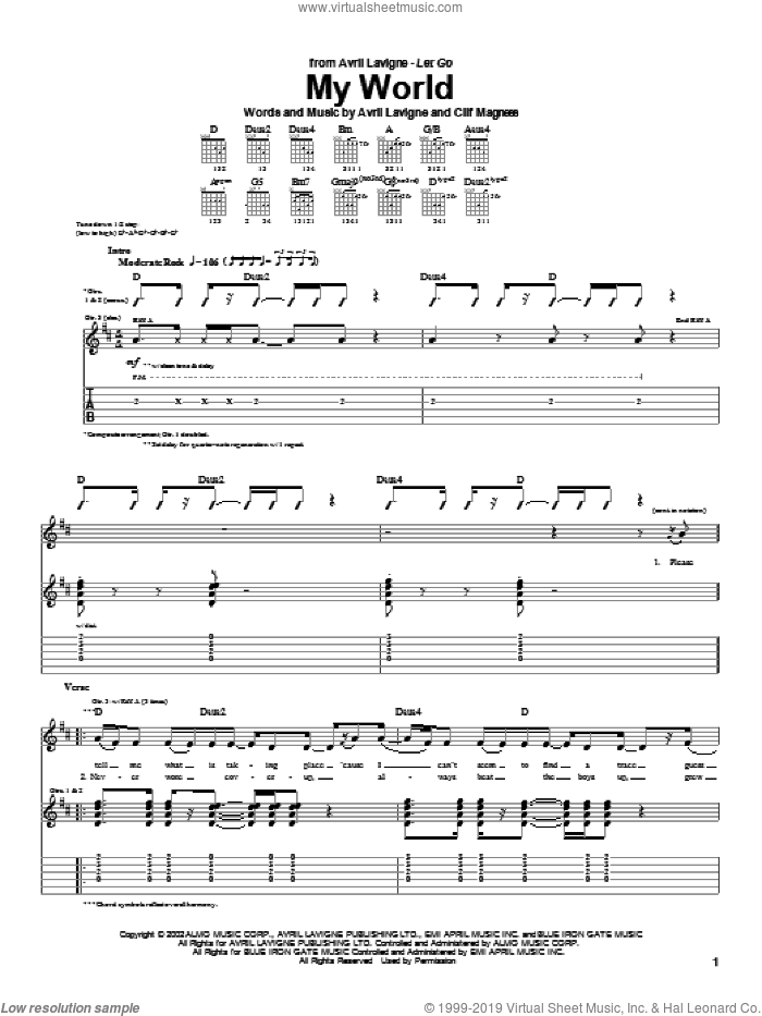 My World sheet music for guitar (tablature) by Avril Lavigne and Clif Magness, intermediate skill level