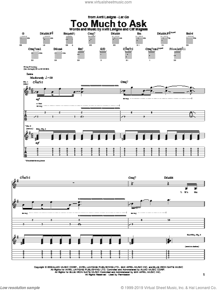 Too Much To Ask sheet music for guitar (tablature) by Avril Lavigne and Clif Magness, intermediate skill level