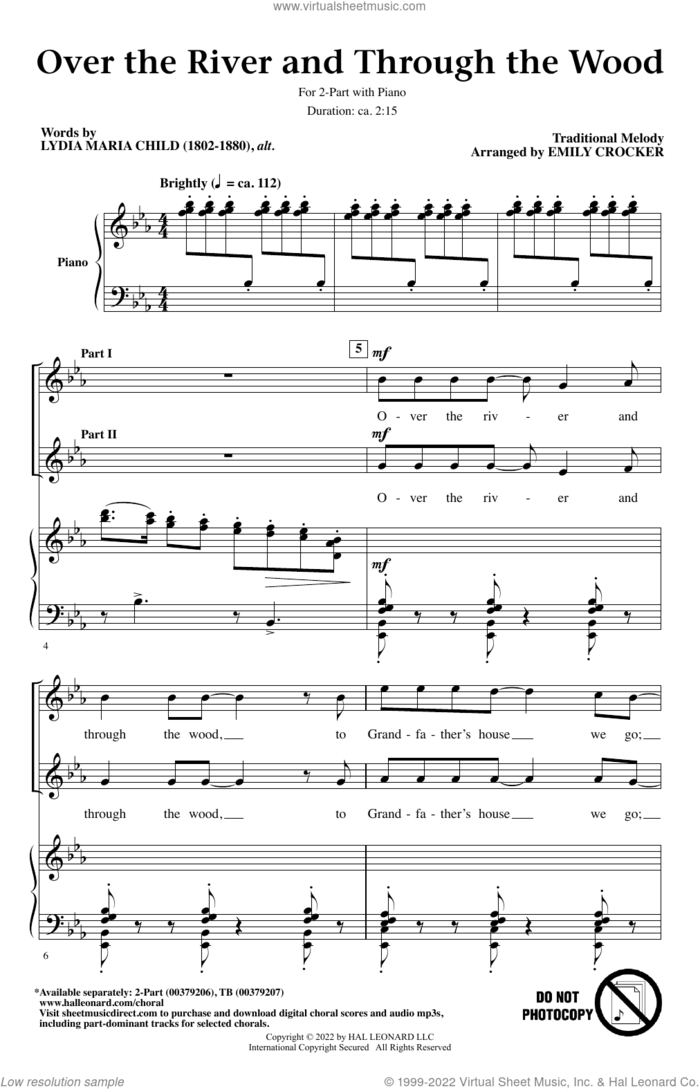 Over The River And Through The Wood (arr. Emily Crocker) sheet music for choir (2-Part) by Traditional Melody, Emily Crocker and Lydia Maria Child, intermediate duet