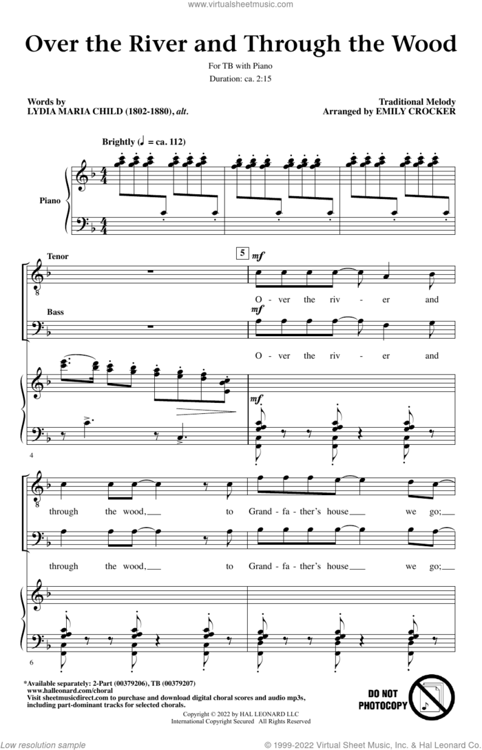 Over The River And Through The Wood (arr. Emily Crocker) sheet music for choir (TB: tenor, bass) by Traditional Melody, Emily Crocker and Lydia Maria Child, intermediate skill level